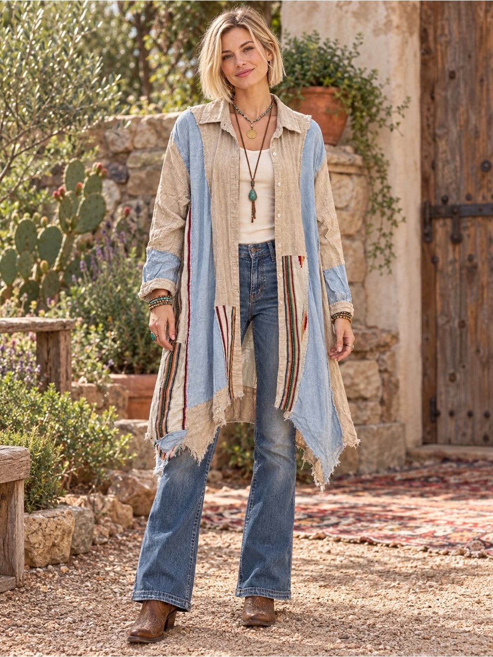 H252 NWT Rare Bird S/M ptp22 Blue & Beige Patchwork Shirt Jacket